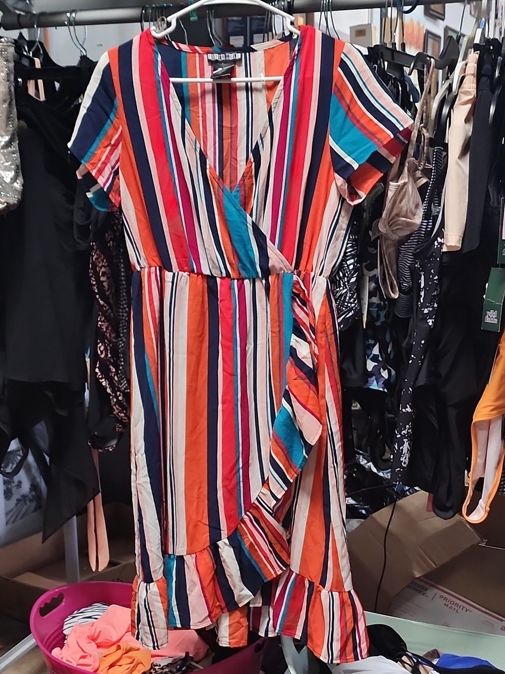 paper doll Multicolor Striped Wrap Midi Dress with Ruffle Hem